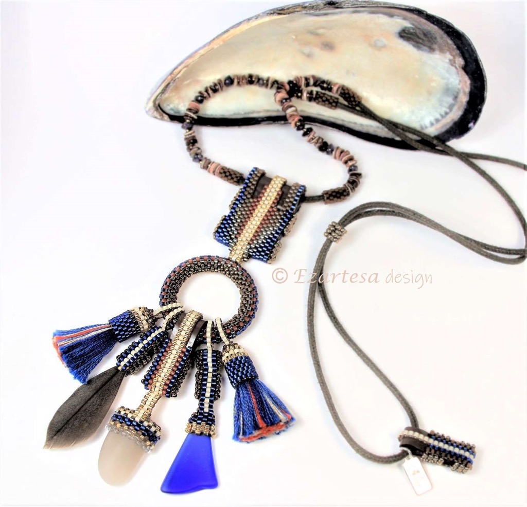 aries zodiac sign birthstones jewelry tutorials kyanite. This hand beaded necklace is created from tiny glass seed beads, natural feathers, beach stone, leather, sea shell heishi and Blue Kyanite beads.
