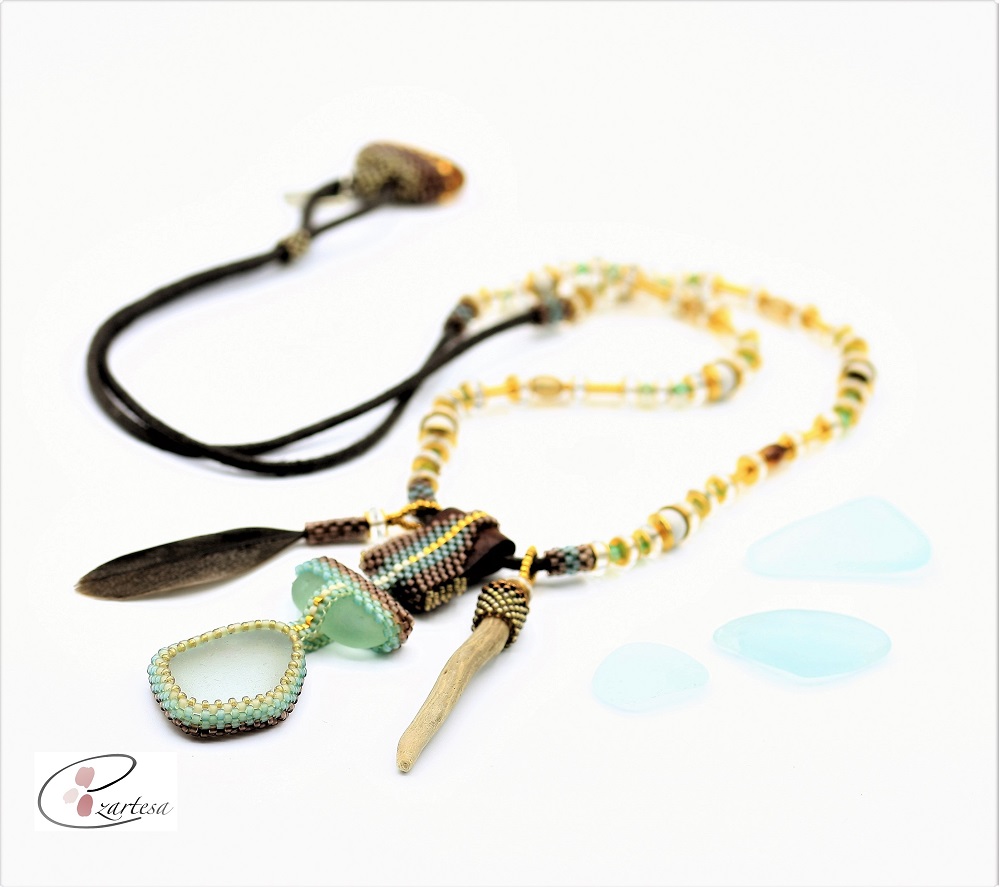 Beach Glass Necklace in Sea Green and Brown by Ezartesa.