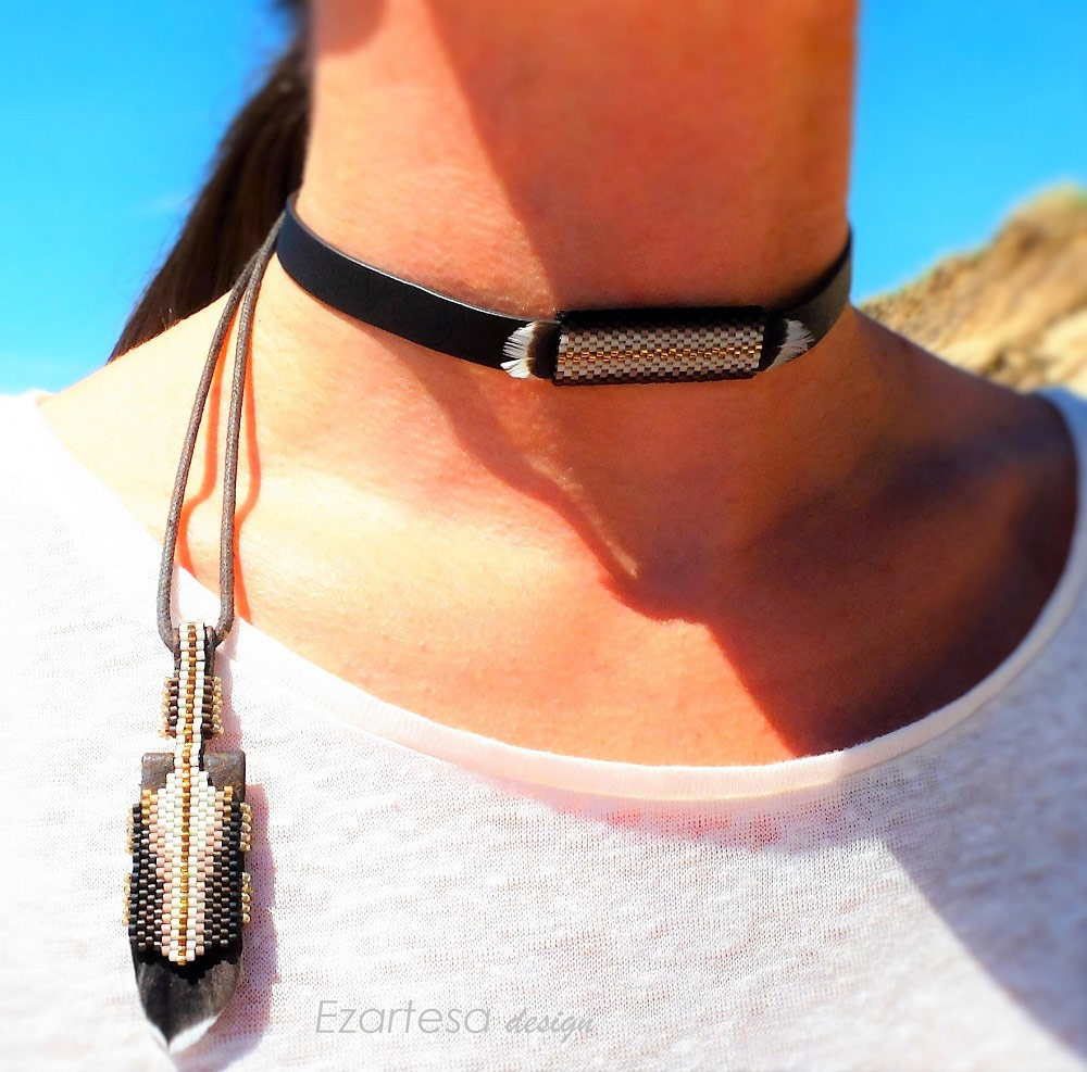 Reversible Brown Beaded Choker with Feathers, Seed Beads and Leather by Ezartesa 3