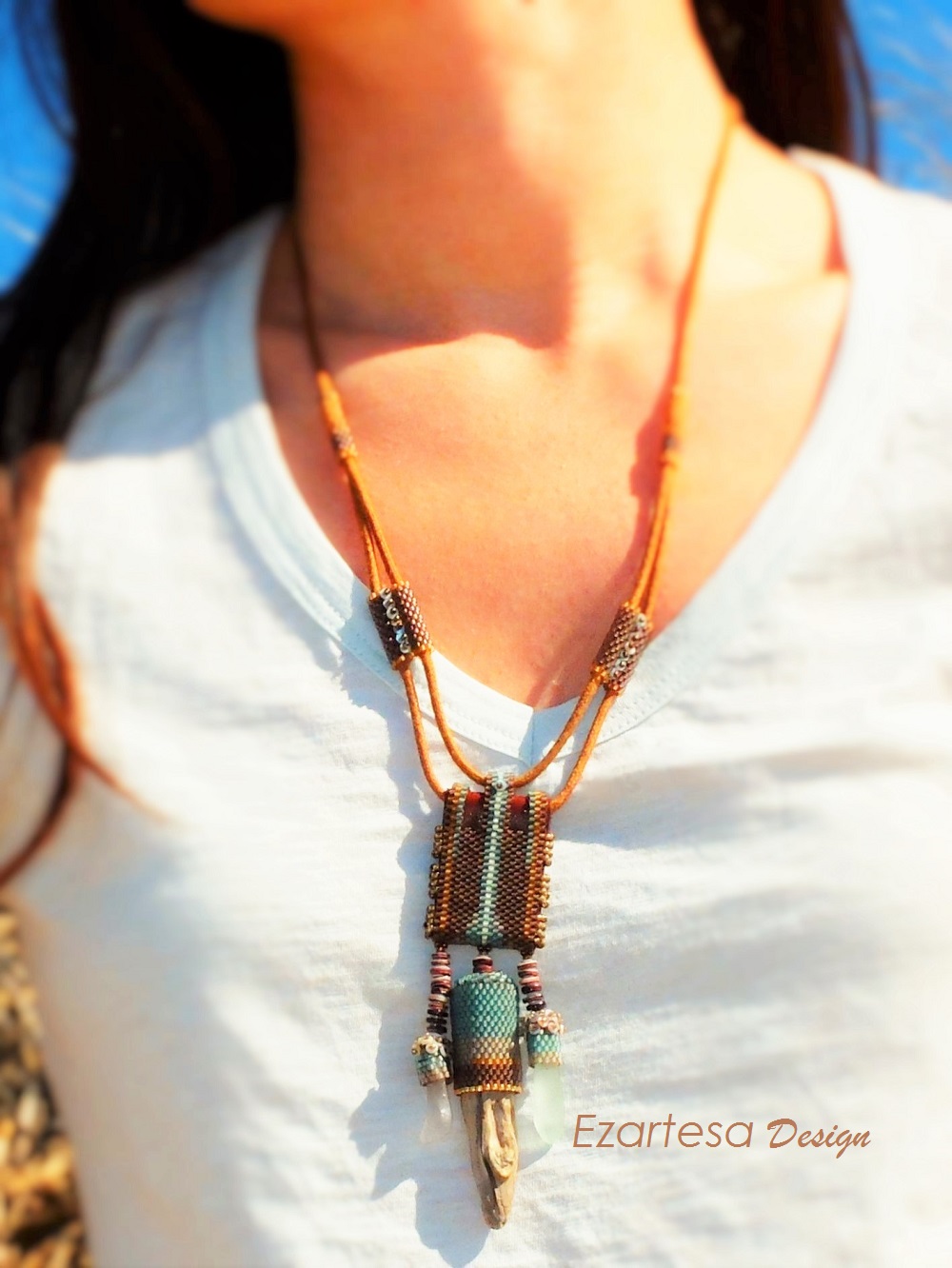 Beaded Sea Glass, Feather, Driftwood Necklace by Ezartesa