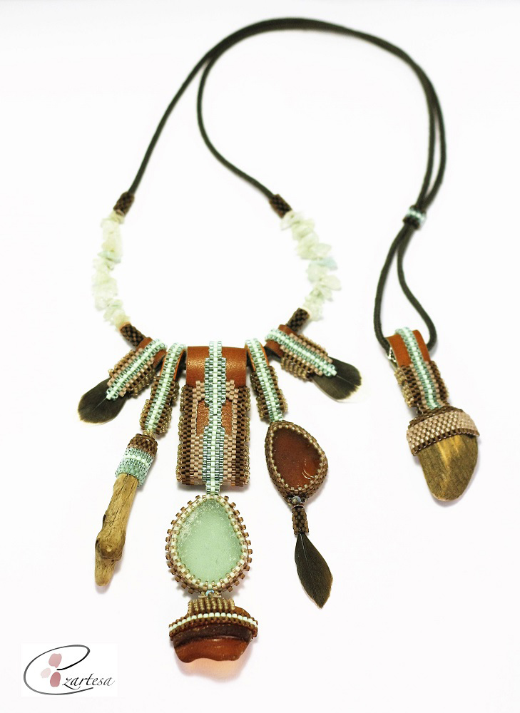 Beaded sea glass necklace in sea green, brown by Ezartesa