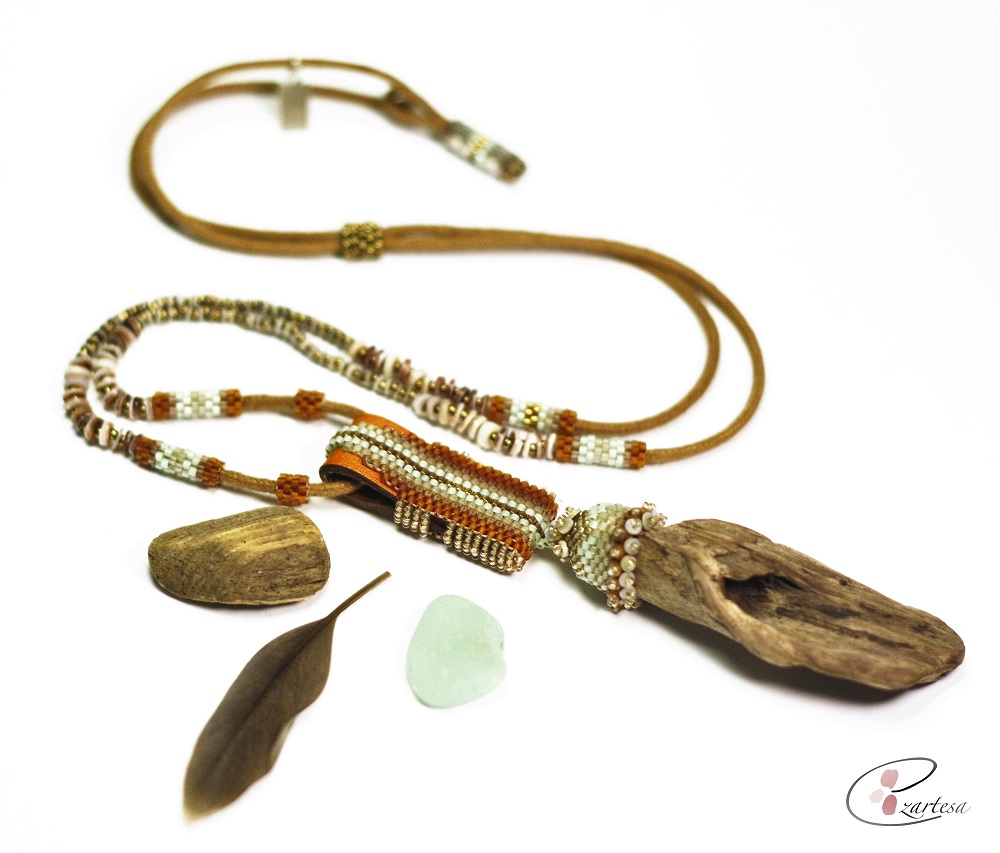 Driftwood, Leather and Seed Bead Necklace by Ezartesa