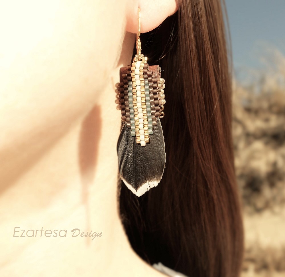 Feather Dangle Gold Seed Bead Earrings by Ezartesa