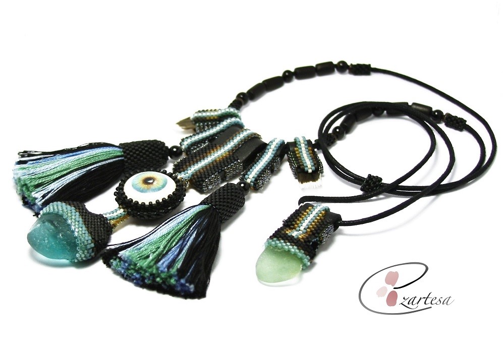 Genuine Beach Glass, Evil Eye and Beaded Cotton Tassel Necklace for Sale