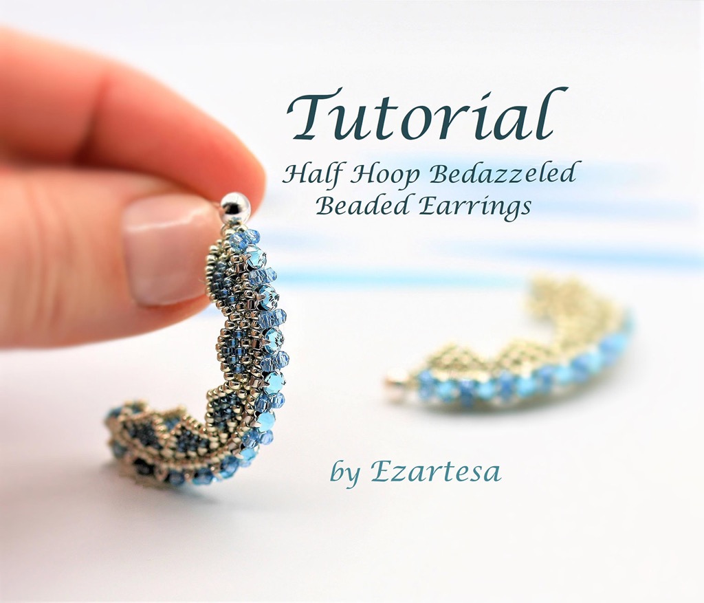 I designed gorgeous beaded half hoop earrings beading tutorial with Pisces birthstone aquamarine beads and tiny silver glass seed beads. pisces-zodiac-sign-birthstone-half-hoop-bedazzeled-aquamarine-crystal-beaded-earrings-tutorial