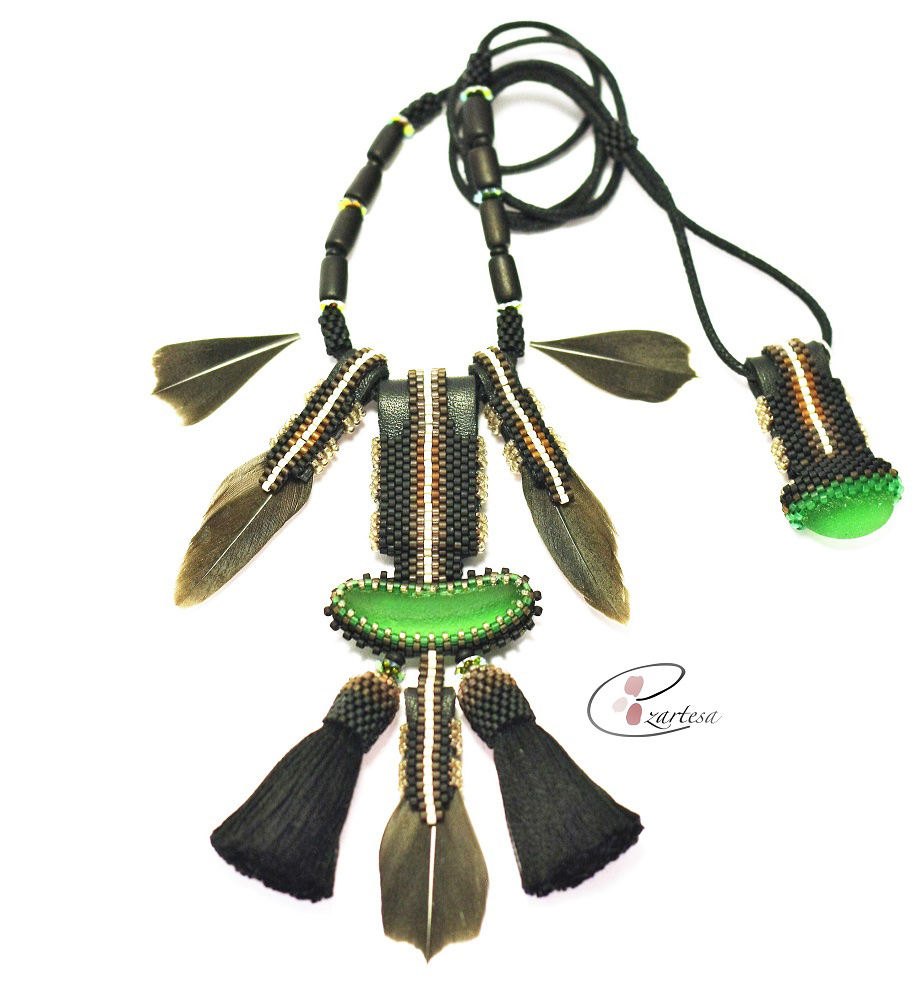 Sea glass jewelry with green, black seed beads by Ezartesa
