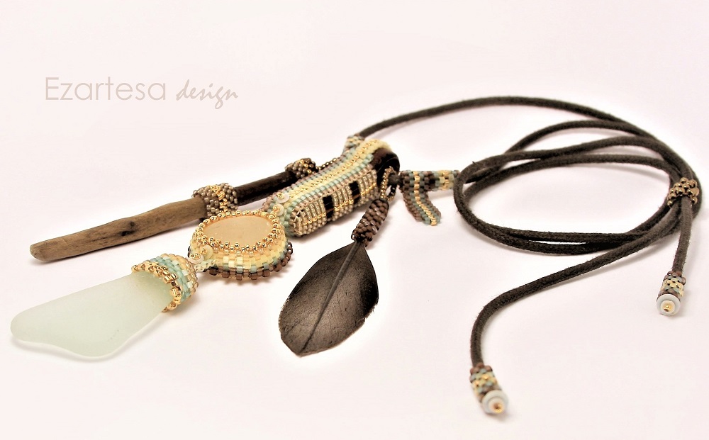 Sea Green Sea Glass and Feather Beaded Necklace by Ezartesa.