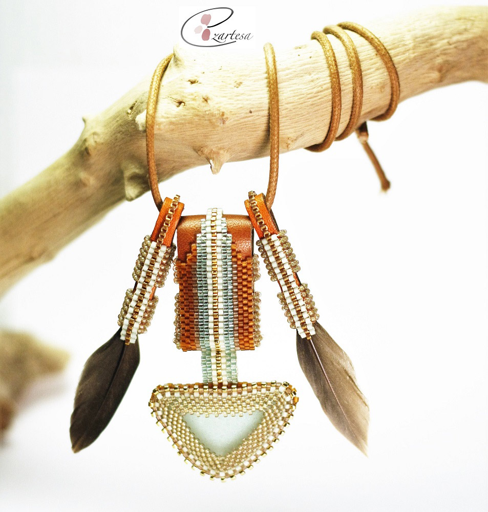 Sea green sea glass and seed bead beaded necklace by Ezartesa