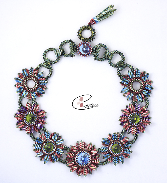 taurus-zodiac-sign-birthstones-jewelry-pink-blue-green-seed-beads. Secret Garden glass seed bead and Swarovski Crystal hand beaded necklace.