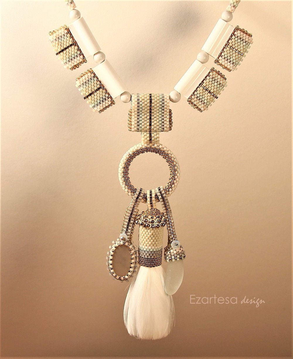 White Feather, Beach Stone and Sea Glass Beaded Necklace by Ezartesa.